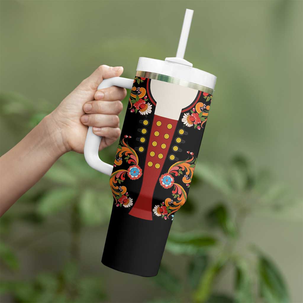 Norwegian Male Bunad Tumbler With Handle with Rosemaling Folk Art Black Color - Wonder Print Shop