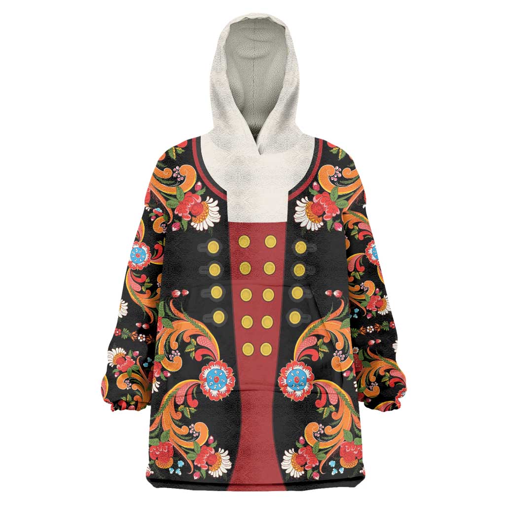 Norwegian Male Bunad Wearable Blanket Hoodie with Rosemaling Folk Art Black Color - Wonder Print Shop