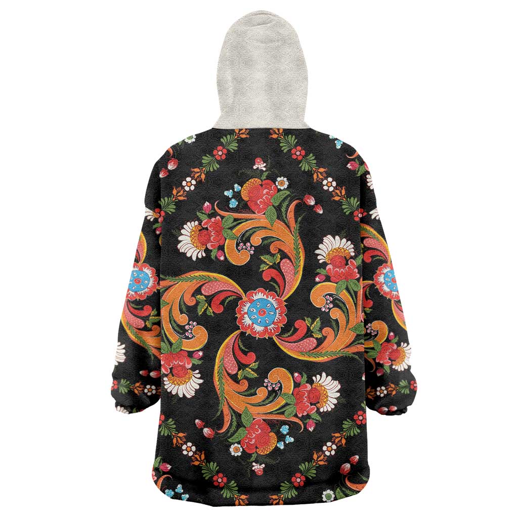 Norwegian Male Bunad Wearable Blanket Hoodie with Rosemaling Folk Art Black Color - Wonder Print Shop