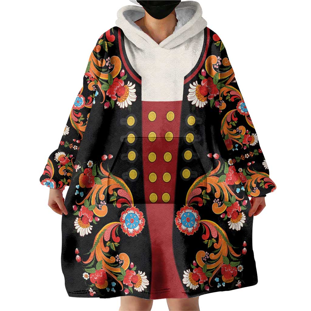 Norwegian Male Bunad Wearable Blanket Hoodie with Rosemaling Folk Art Black Color - Wonder Print Shop