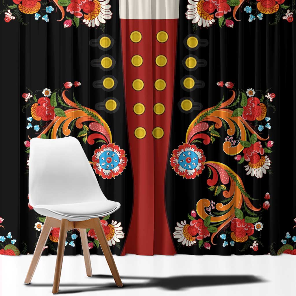 Norwegian Male Bunad Window Curtain with Rosemaling Folk Art Black Color - Wonder Print Shop