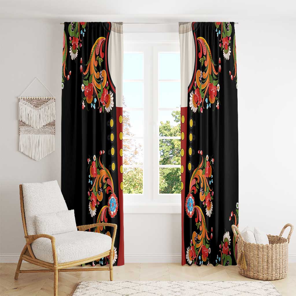 Norwegian Male Bunad Window Curtain with Rosemaling Folk Art Black Color - Wonder Print Shop