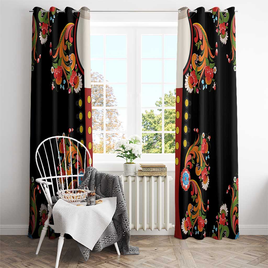 Norwegian Male Bunad Window Curtain with Rosemaling Folk Art Black Color - Wonder Print Shop