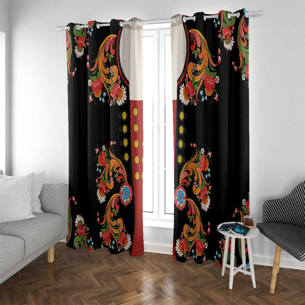Norwegian Male Bunad Window Curtain with Rosemaling Folk Art Black Color - Wonder Print Shop