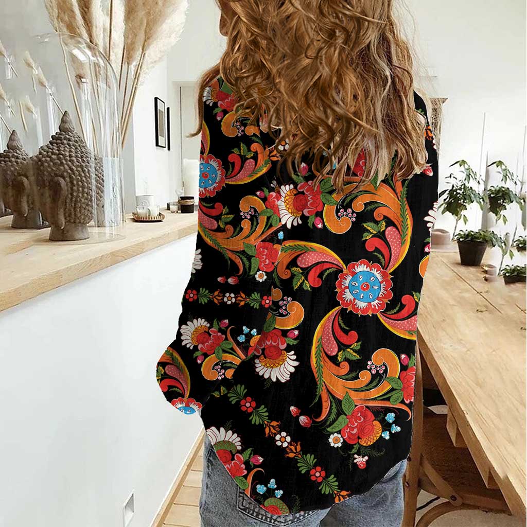 Norwegian Male Bunad Women Casual Shirt with Rosemaling Folk Art Black Color - Wonder Print Shop