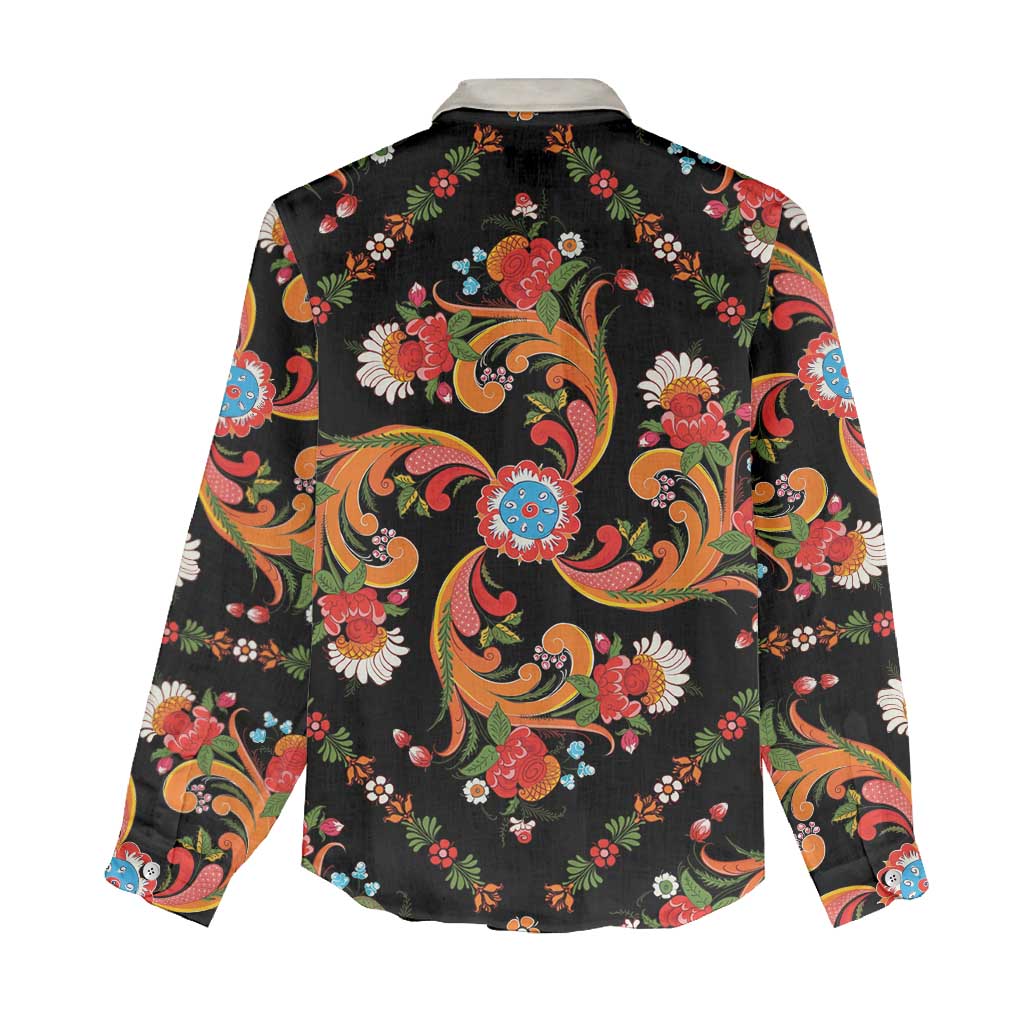 Norwegian Male Bunad Women Casual Shirt with Rosemaling Folk Art Black Color - Wonder Print Shop
