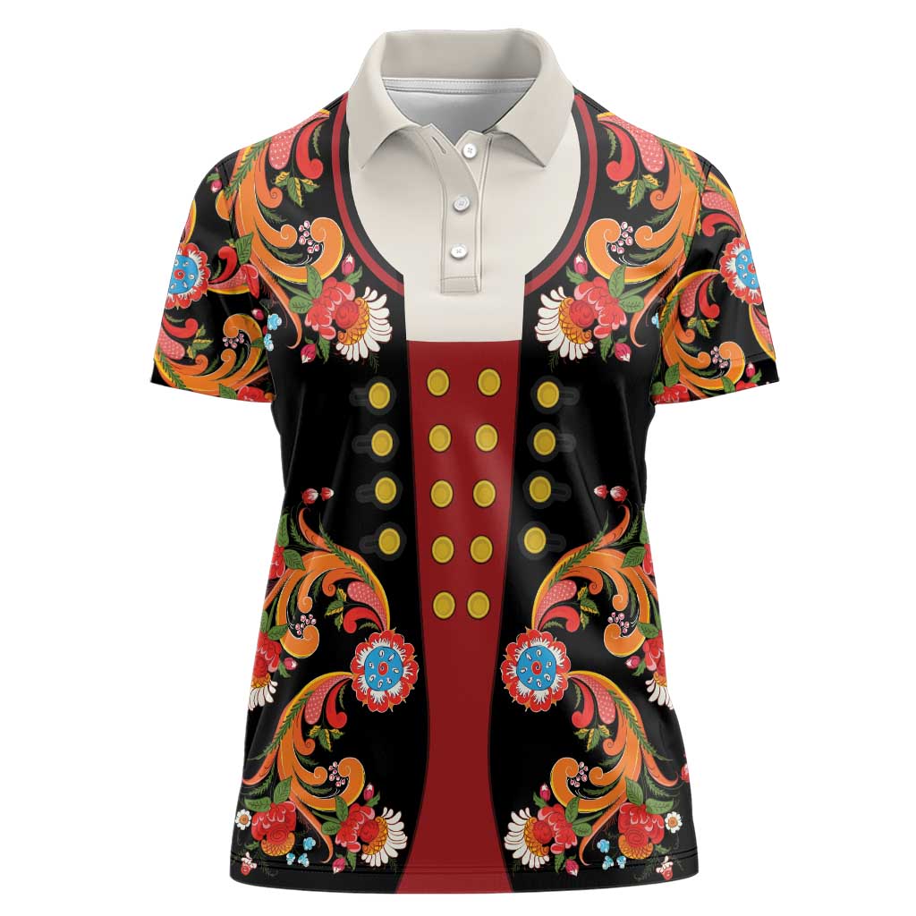 Norwegian Male Bunad Women Polo Shirt with Rosemaling Folk Art Black Color - Wonder Print Shop