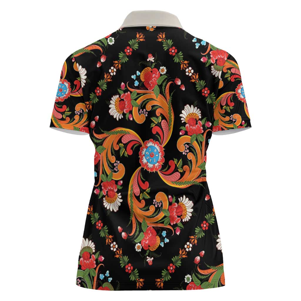 Norwegian Male Bunad Women Polo Shirt with Rosemaling Folk Art Black Color - Wonder Print Shop