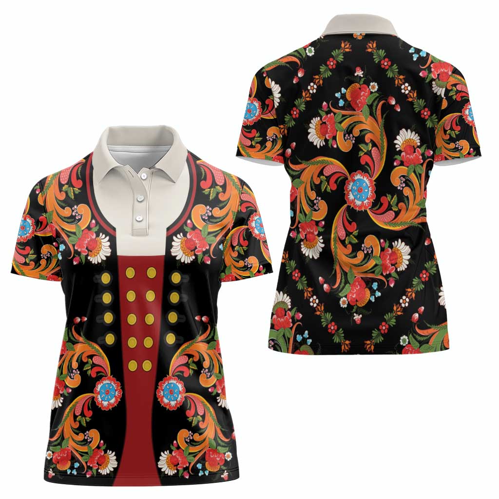 Norwegian Male Bunad Women Polo Shirt with Rosemaling Folk Art Black Color - Wonder Print Shop