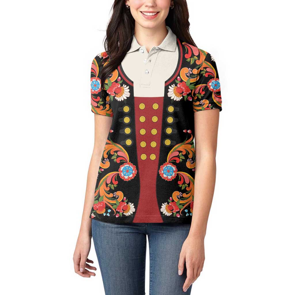 Norwegian Male Bunad Women Polo Shirt with Rosemaling Folk Art Black Color - Wonder Print Shop