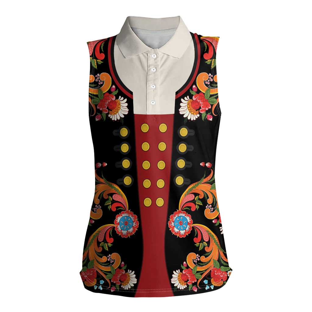 Norwegian Male Bunad Women Sleeveless Polo Shirt with Rosemaling Folk Art Black Color - Wonder Print Shop