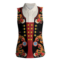 Norwegian Male Bunad Women Sleeveless Polo Shirt with Rosemaling Folk Art Black Color - Wonder Print Shop