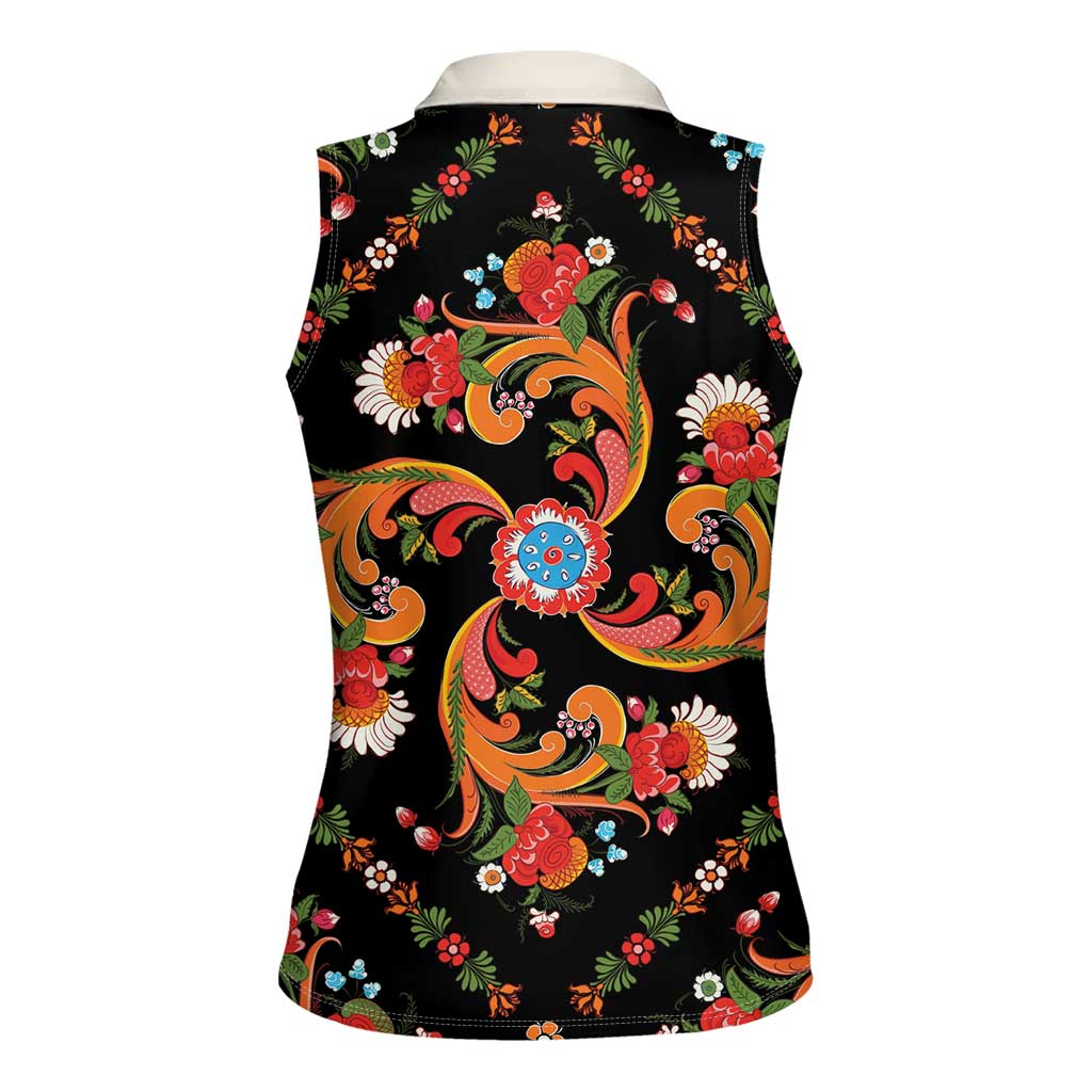 Norwegian Male Bunad Women Sleeveless Polo Shirt with Rosemaling Folk Art Black Color - Wonder Print Shop
