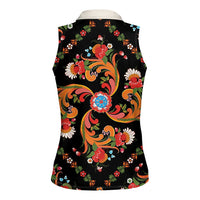 Norwegian Male Bunad Women Sleeveless Polo Shirt with Rosemaling Folk Art Black Color - Wonder Print Shop