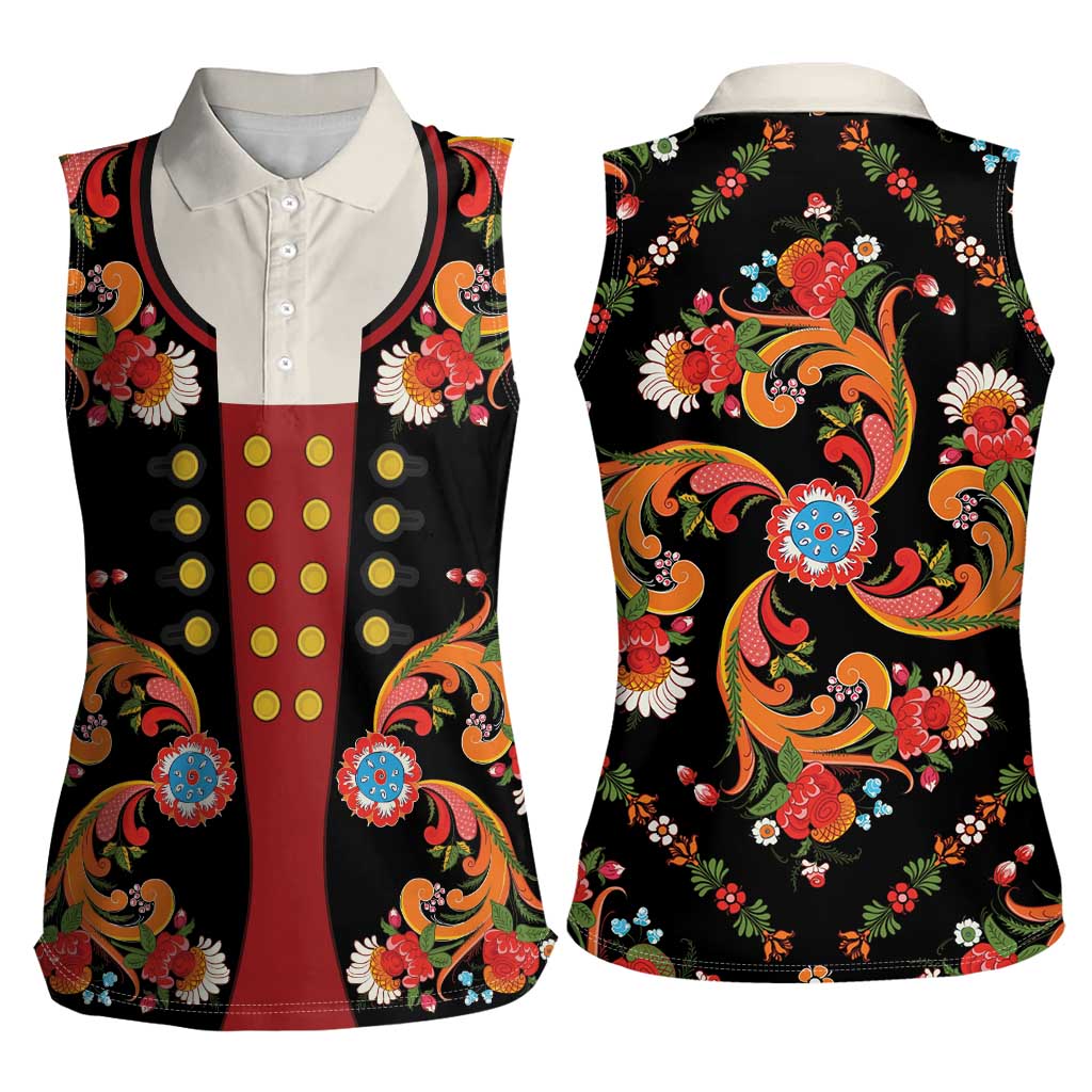 Norwegian Male Bunad Women Sleeveless Polo Shirt with Rosemaling Folk Art Black Color - Wonder Print Shop