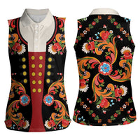 Norwegian Male Bunad Women Sleeveless Polo Shirt with Rosemaling Folk Art Black Color - Wonder Print Shop