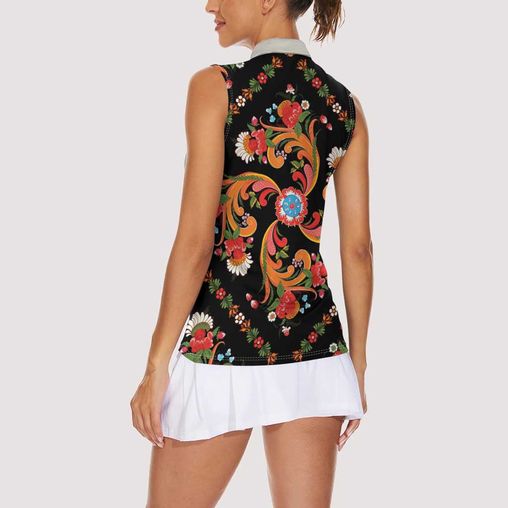 Norwegian Male Bunad Women Sleeveless Polo Shirt with Rosemaling Folk Art Black Color - Wonder Print Shop