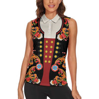 Norwegian Male Bunad Women Sleeveless Polo Shirt with Rosemaling Folk Art Black Color - Wonder Print Shop