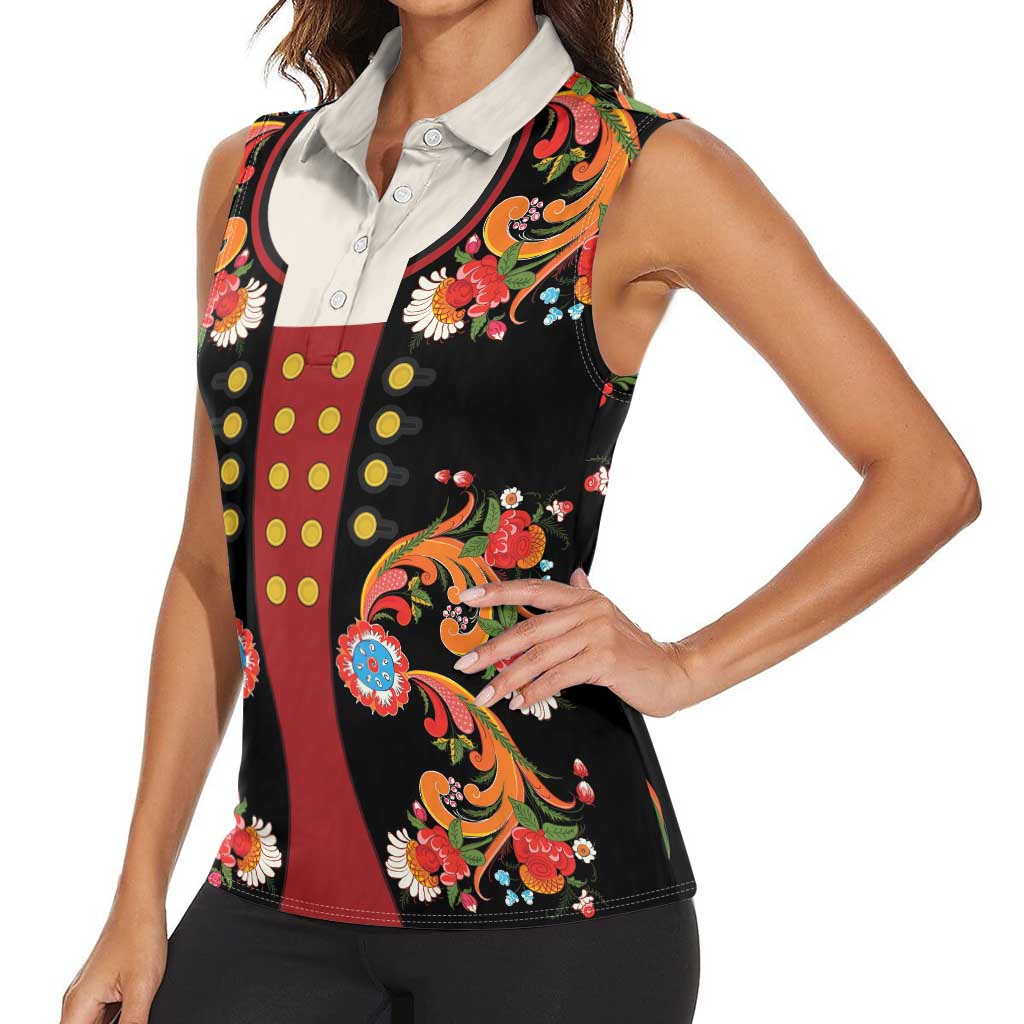 Norwegian Male Bunad Women Sleeveless Polo Shirt with Rosemaling Folk Art Black Color - Wonder Print Shop