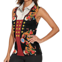 Norwegian Male Bunad Women Sleeveless Polo Shirt with Rosemaling Folk Art Black Color - Wonder Print Shop