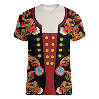 Norwegian Male Bunad Women V-Neck T-Shirt with Rosemaling Folk Art Black Color - Wonder Print Shop