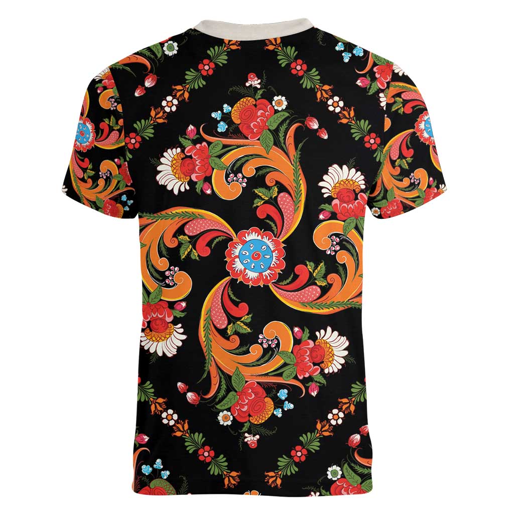 Norwegian Male Bunad Women V-Neck T-Shirt with Rosemaling Folk Art Black Color - Wonder Print Shop