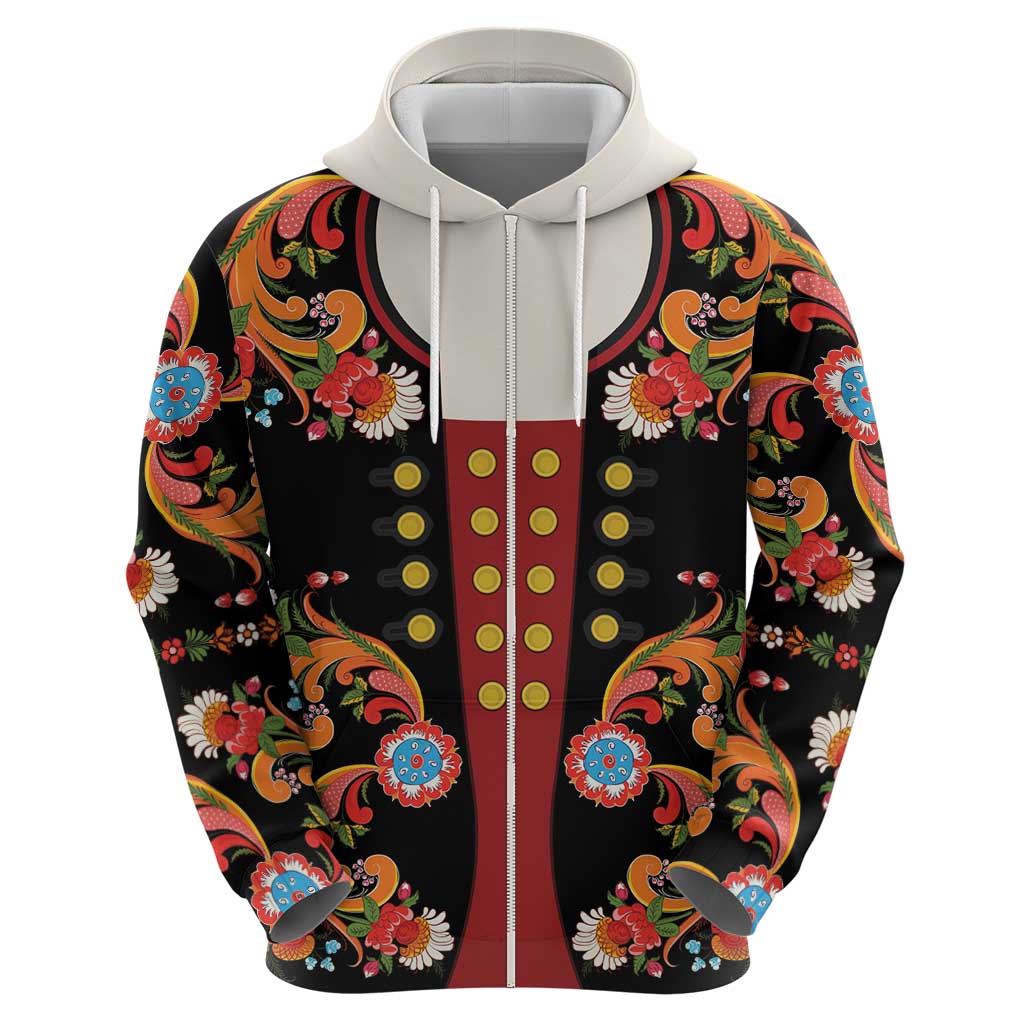 Norwegian Male Bunad Zip Hoodie with Rosemaling Folk Art Black Color - Wonder Print Shop