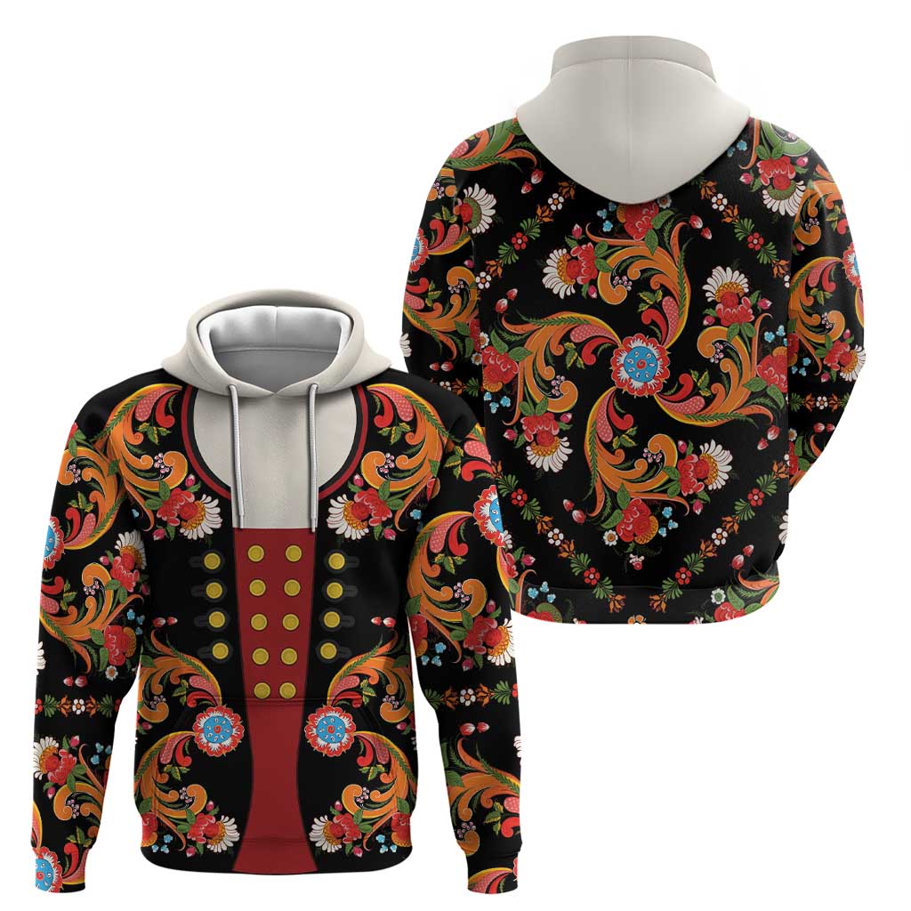 Norwegian Male Bunad Zip Hoodie with Rosemaling Folk Art Black Color - Wonder Print Shop