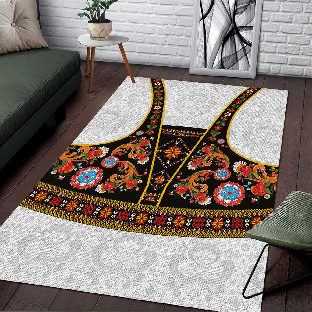 Norwegian Female Bunad Area Rug with Rosemaling Folk Art Black Color - Wonder Print Shop