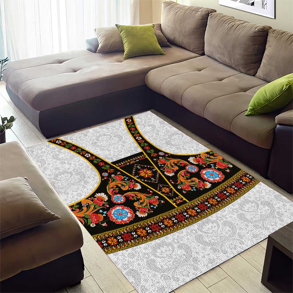 Norwegian Female Bunad Area Rug with Rosemaling Folk Art Black Color - Wonder Print Shop