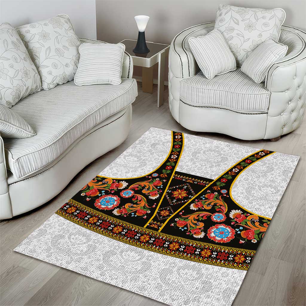 Norwegian Female Bunad Area Rug with Rosemaling Folk Art Black Color - Wonder Print Shop