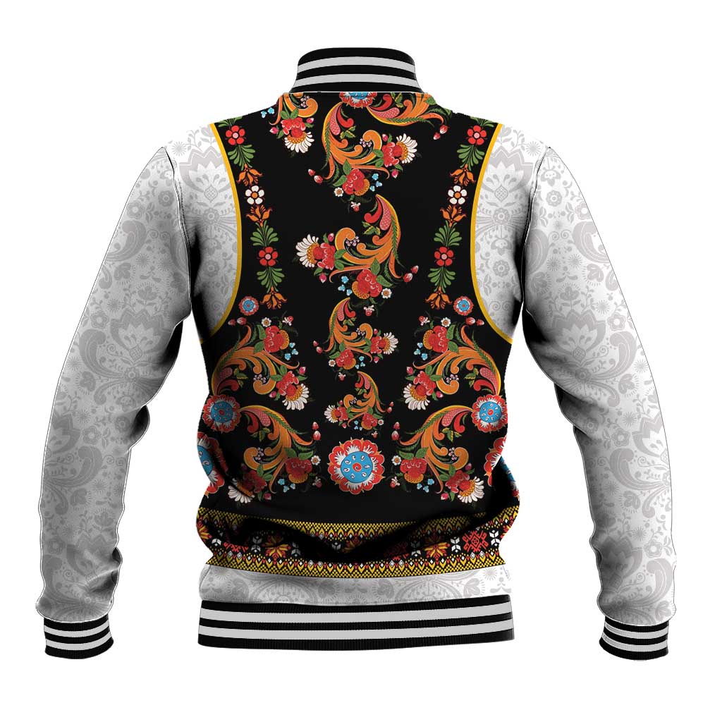 Norwegian Female Bunad Baseball Jacket with Rosemaling Folk Art Black Color - Wonder Print Shop