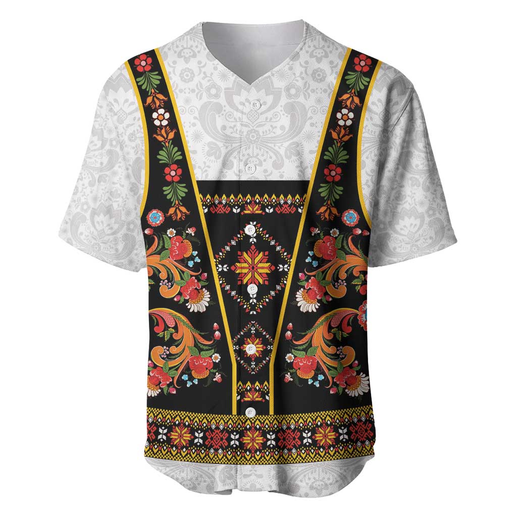 Norwegian Female Bunad Baseball Jersey with Rosemaling Folk Art Black Color - Wonder Print Shop