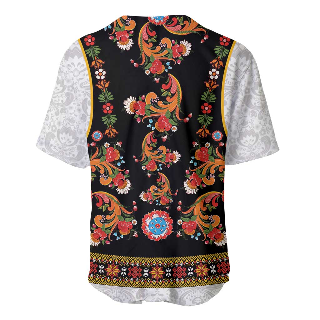Norwegian Female Bunad Baseball Jersey with Rosemaling Folk Art Black Color - Wonder Print Shop
