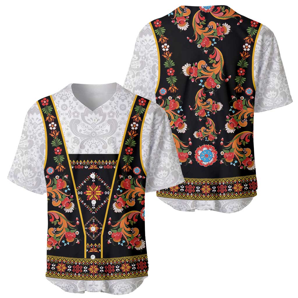 Norwegian Female Bunad Baseball Jersey with Rosemaling Folk Art Black Color - Wonder Print Shop
