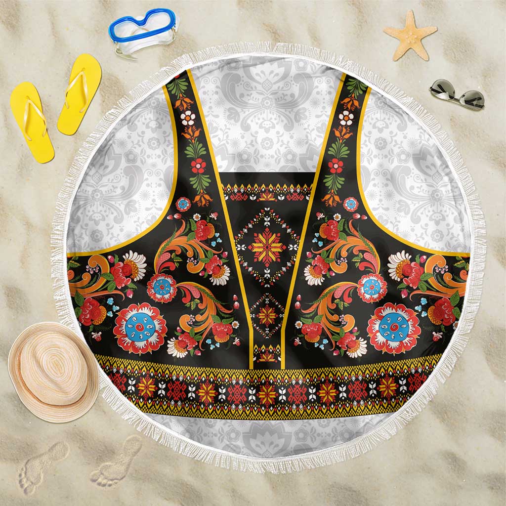 Norwegian Female Bunad Beach Blanket with Rosemaling Folk Art Black Color - Wonder Print Shop