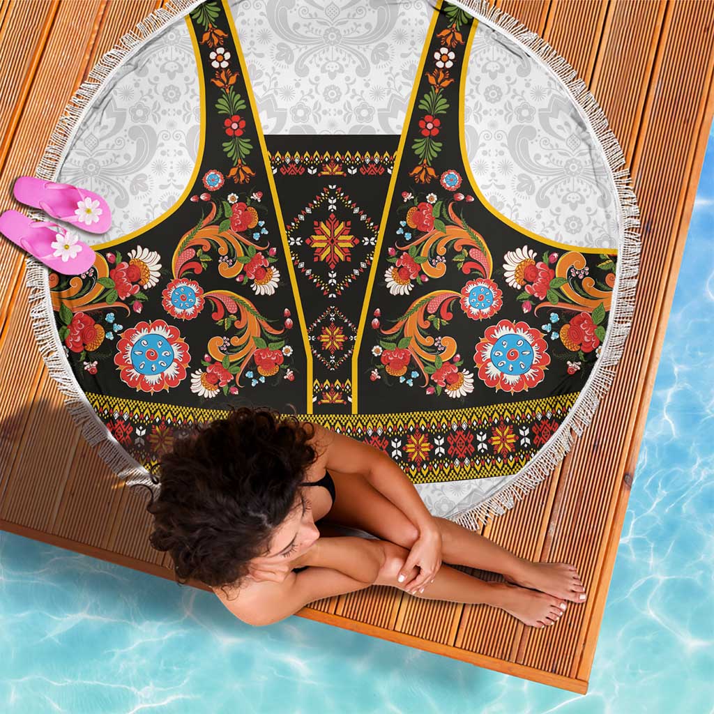 Norwegian Female Bunad Beach Blanket with Rosemaling Folk Art Black Color - Wonder Print Shop