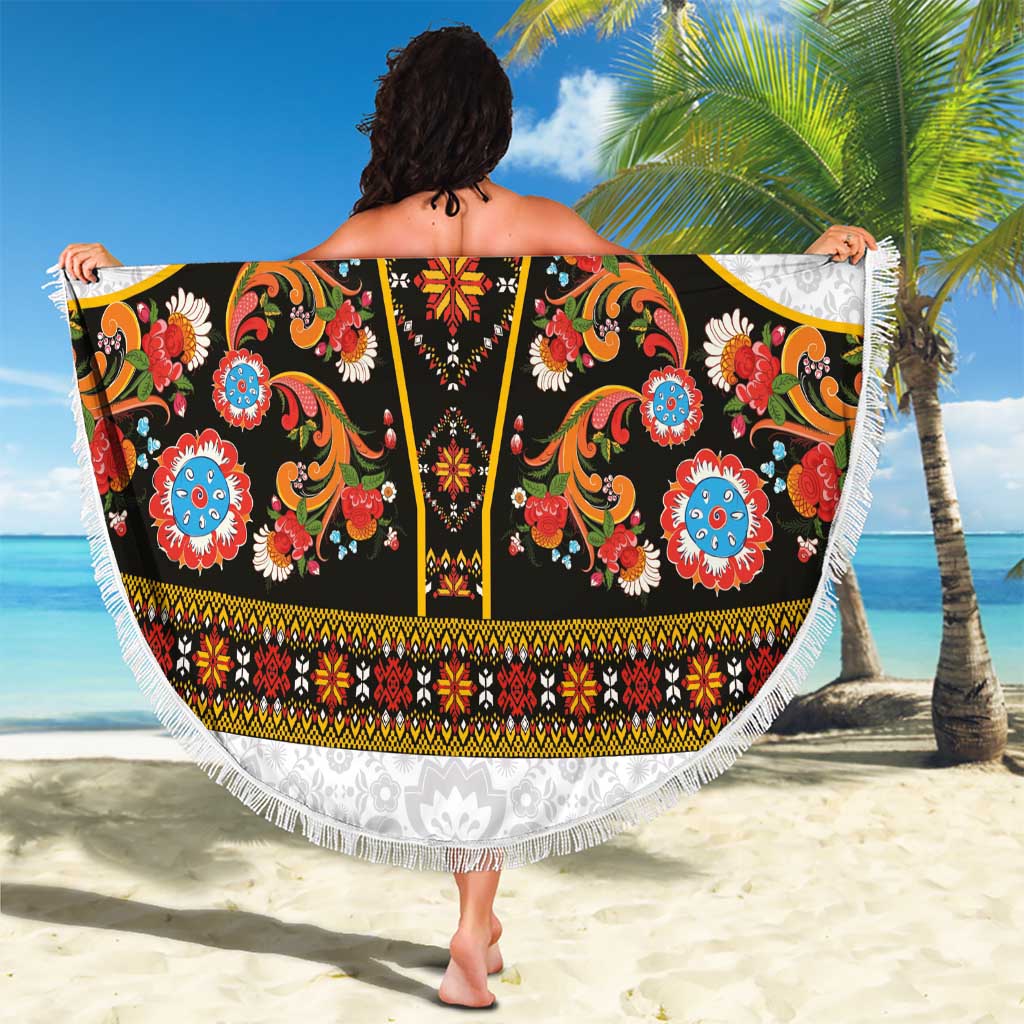 Norwegian Female Bunad Beach Blanket with Rosemaling Folk Art Black Color - Wonder Print Shop