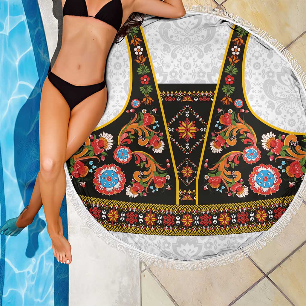 Norwegian Female Bunad Beach Blanket with Rosemaling Folk Art Black Color - Wonder Print Shop