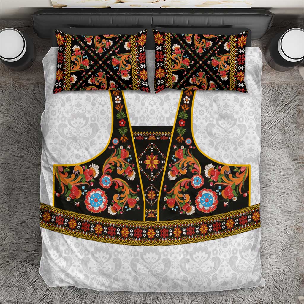 Norwegian Female Bunad Bedding Set with Rosemaling Folk Art Black Color - Wonder Print Shop