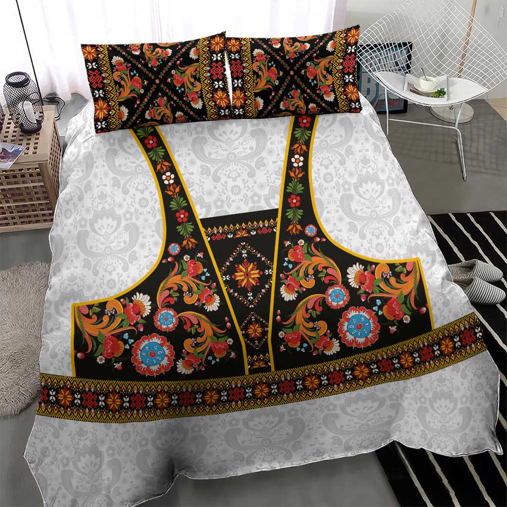 Norwegian Female Bunad Bedding Set with Rosemaling Folk Art Black Color - Wonder Print Shop