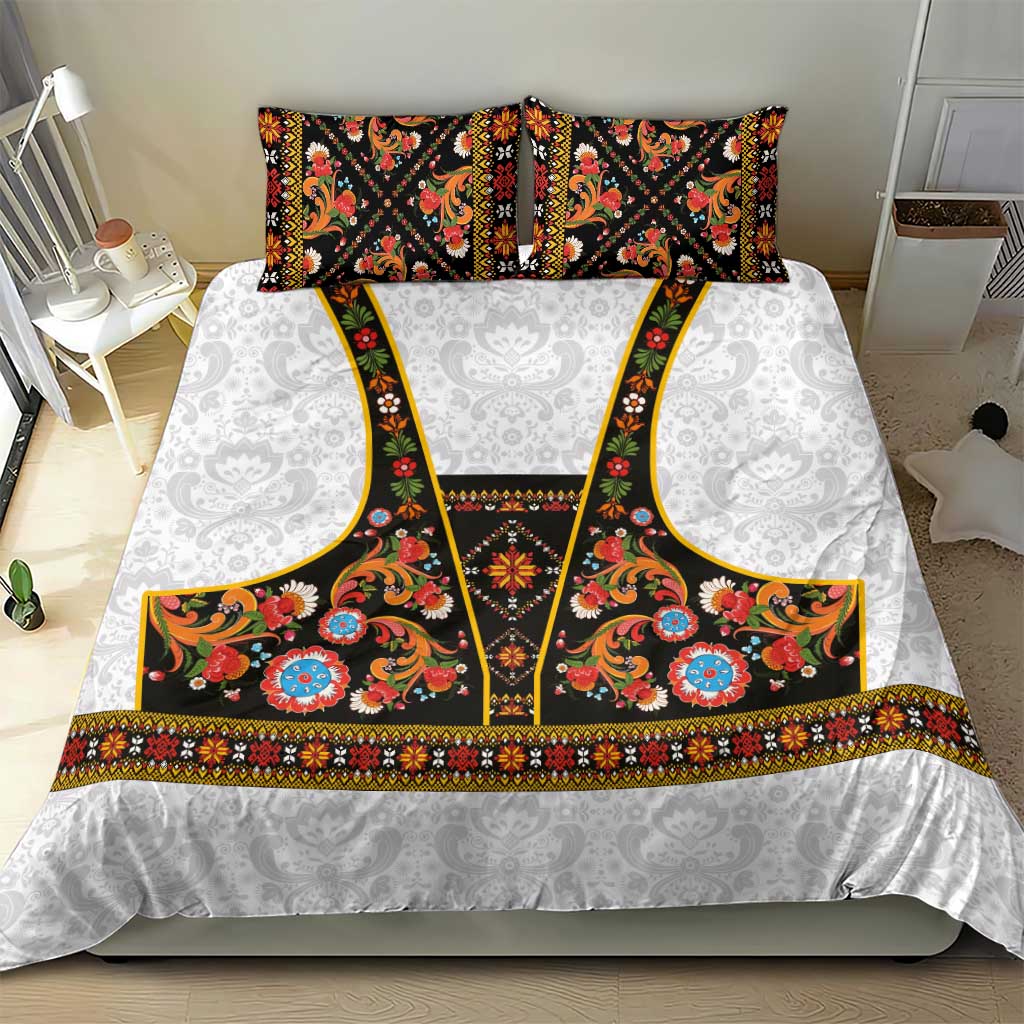 Norwegian Female Bunad Bedding Set with Rosemaling Folk Art Black Color - Wonder Print Shop