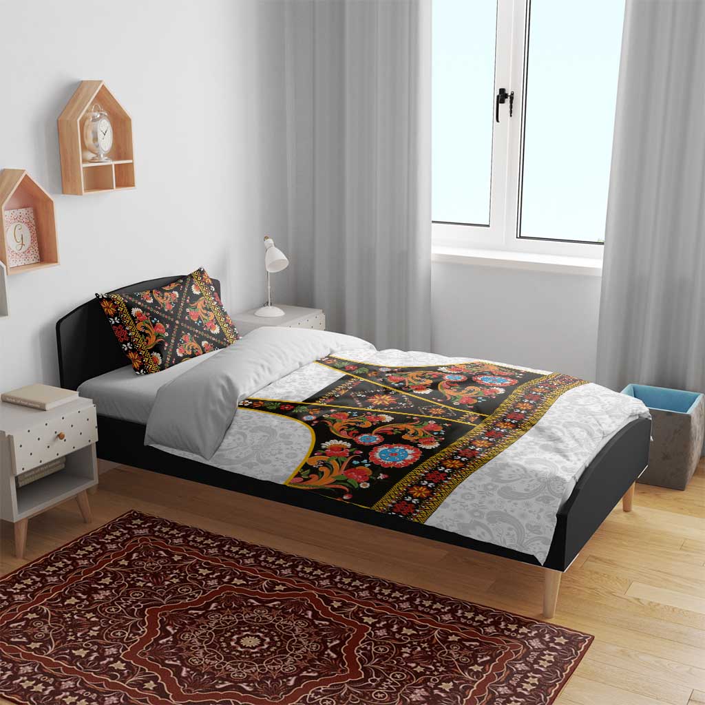 Norwegian Female Bunad Bedding Set with Rosemaling Folk Art Black Color - Wonder Print Shop