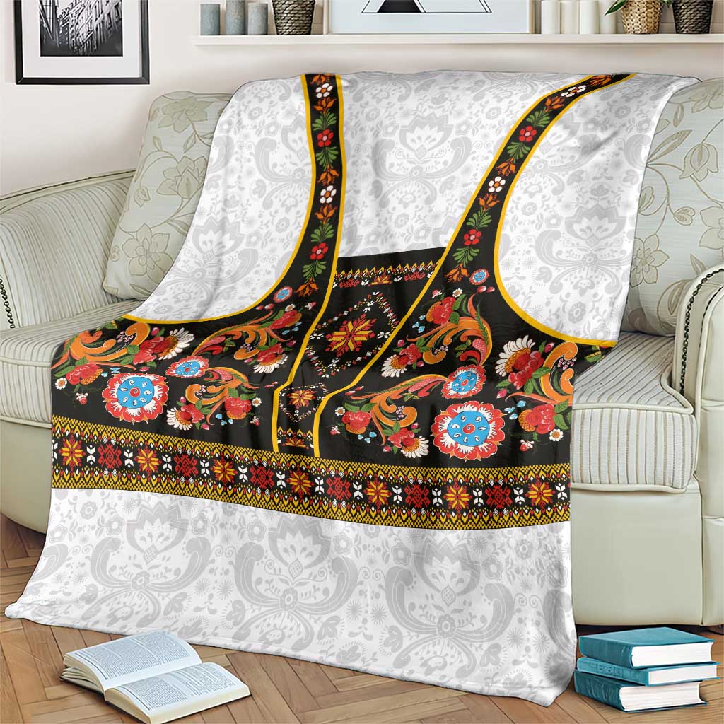 Norwegian Female Bunad Blanket with Rosemaling Folk Art Black Color - Wonder Print Shop