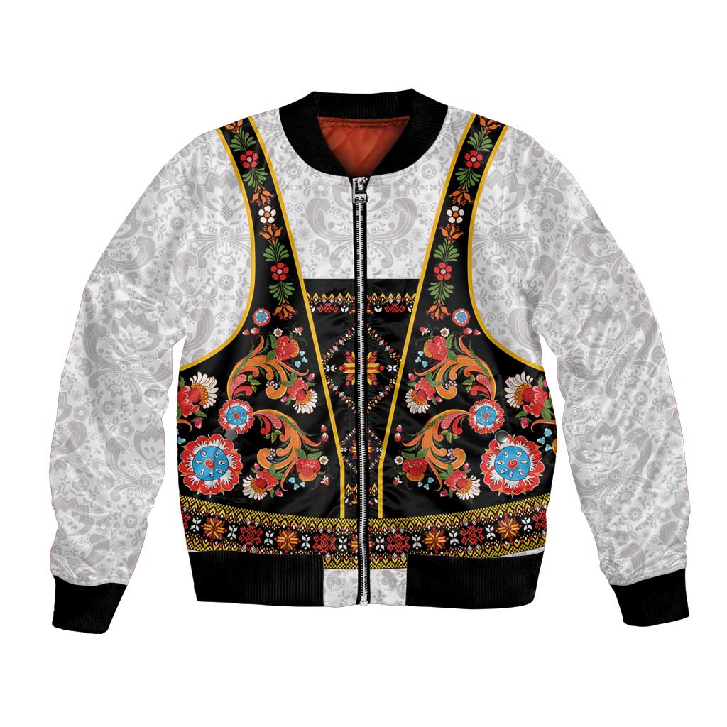Norwegian Female Bunad Bomber Jacket with Rosemaling Folk Art Black Color - Wonder Print Shop
