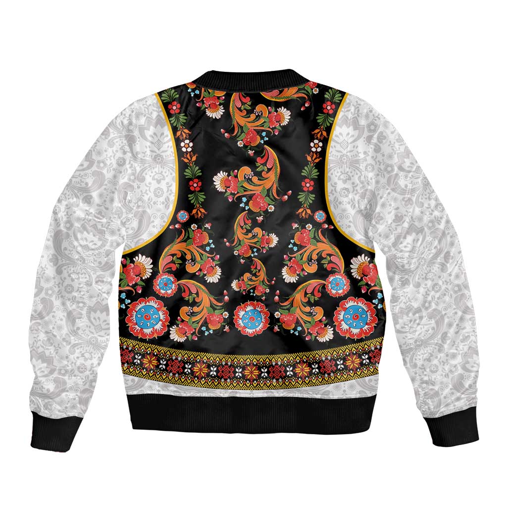 Norwegian Female Bunad Bomber Jacket with Rosemaling Folk Art Black Color - Wonder Print Shop