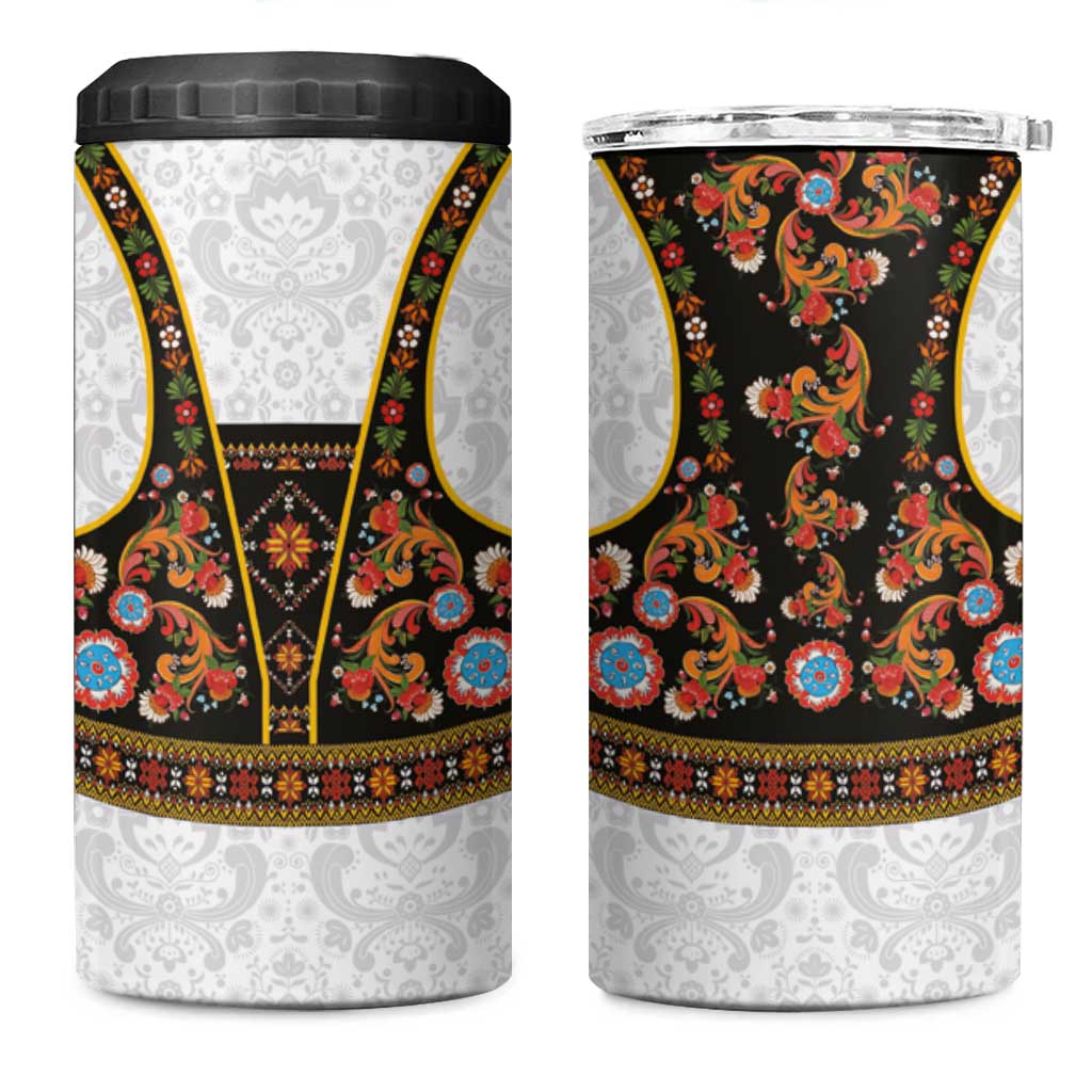 Norwegian Female Bunad 4 in 1 Can Cooler Tumbler with Rosemaling Folk Art Black Color - Wonder Print Shop