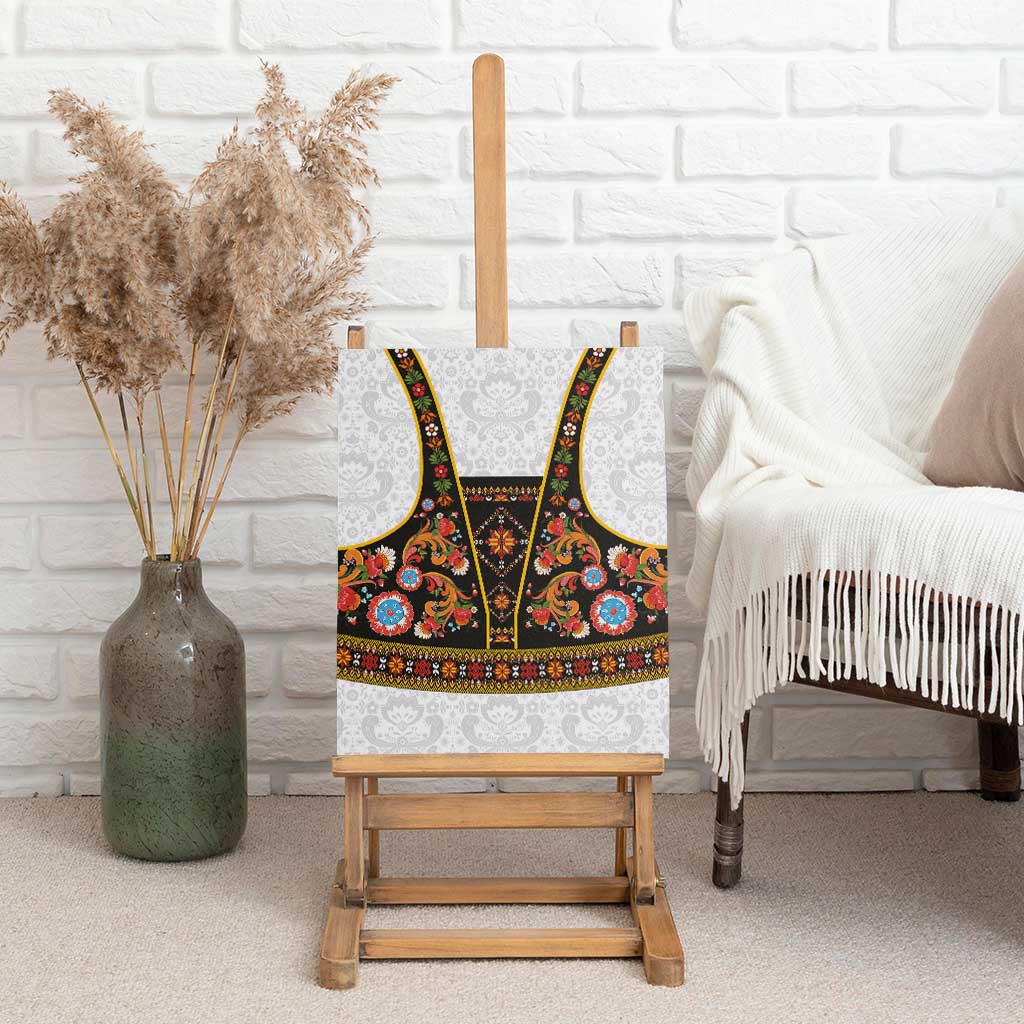 Norwegian Female Bunad Canvas Wall Art with Rosemaling Folk Art Black Color - Wonder Print Shop