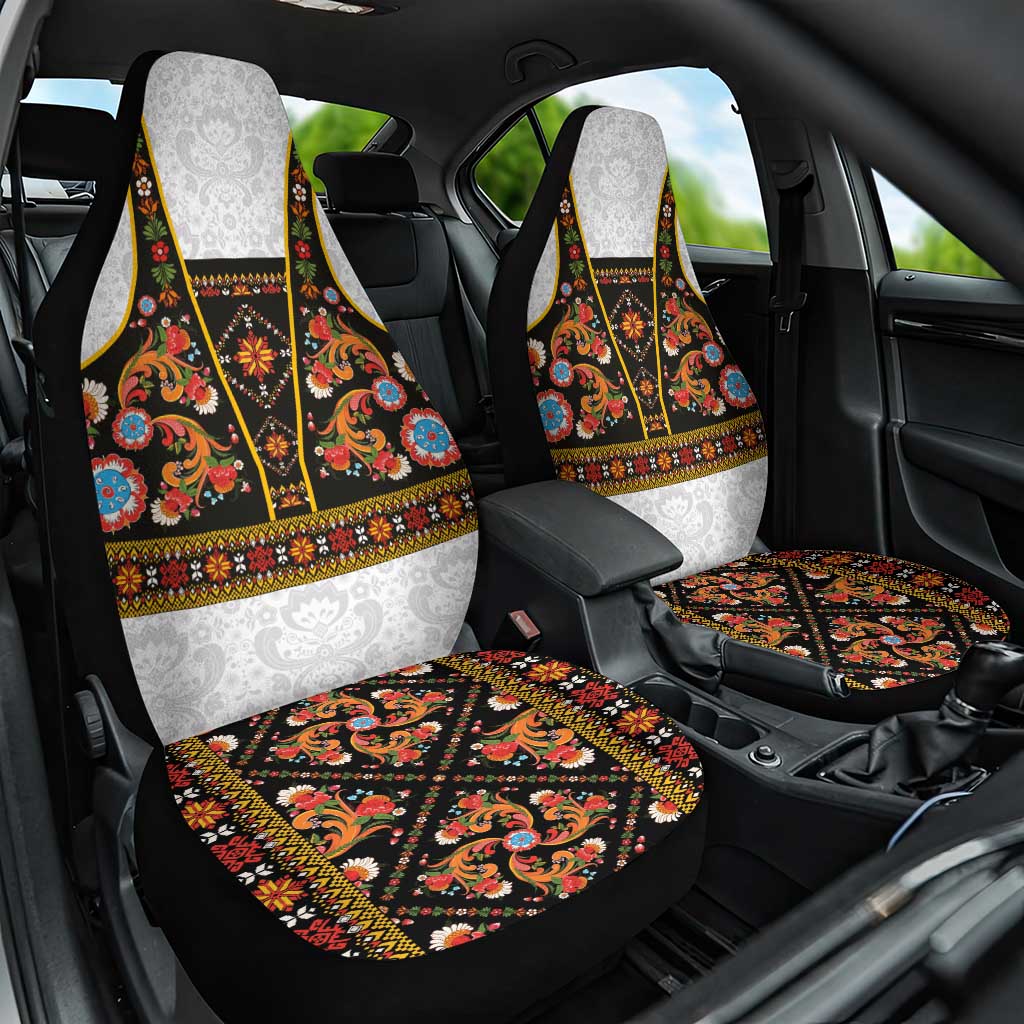 Norwegian Female Bunad Car Seat Cover with Rosemaling Folk Art Black Color - Wonder Print Shop