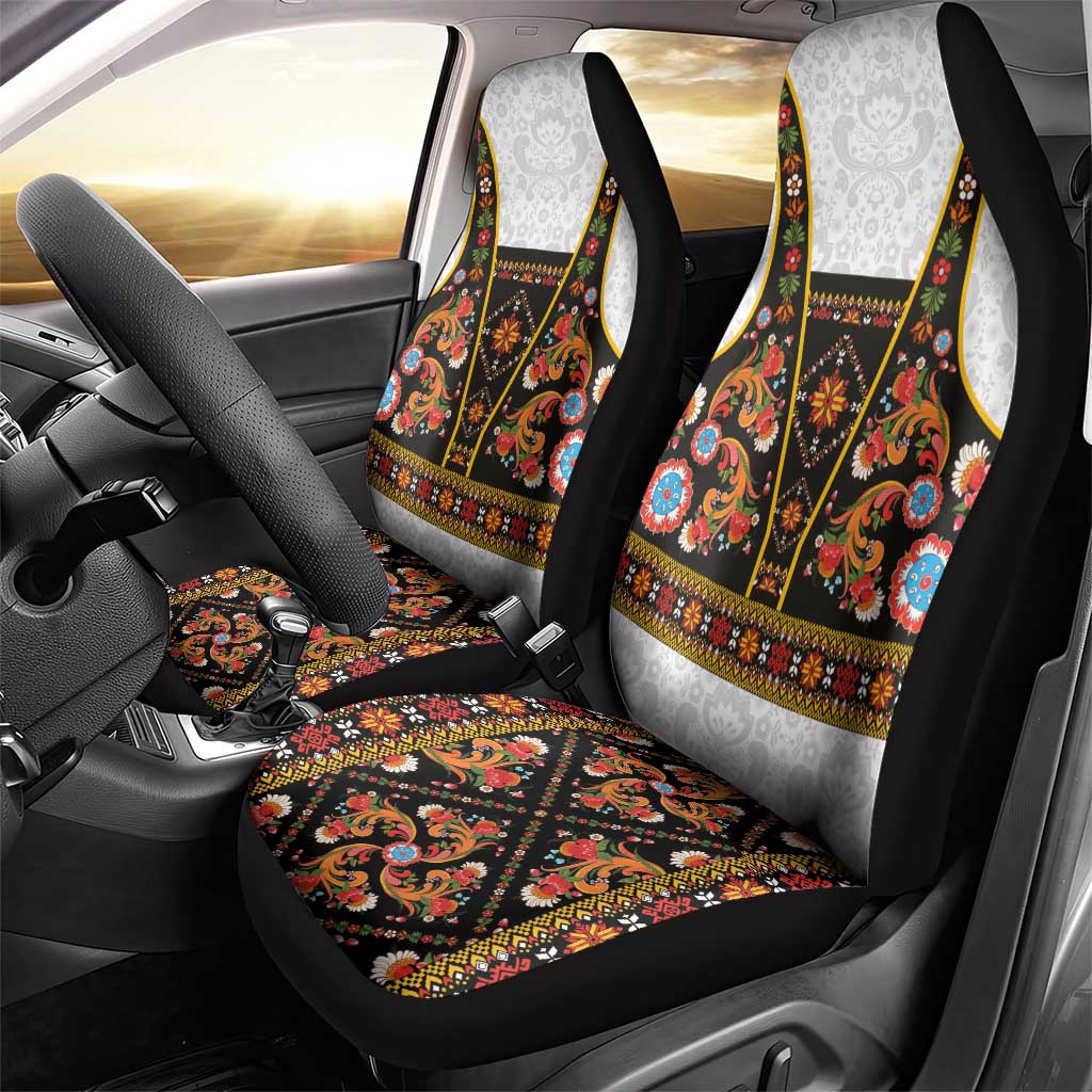 Norwegian Female Bunad Car Seat Cover with Rosemaling Folk Art Black Color - Wonder Print Shop